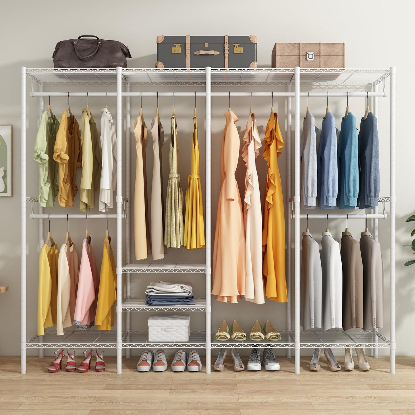 ワードローブ ハンガーラック 棚板付き 大容量 洋服ラック 収納ラック バスケット付き 頑丈 棚板高さ調節 幅155×奥行40×高さ180cm