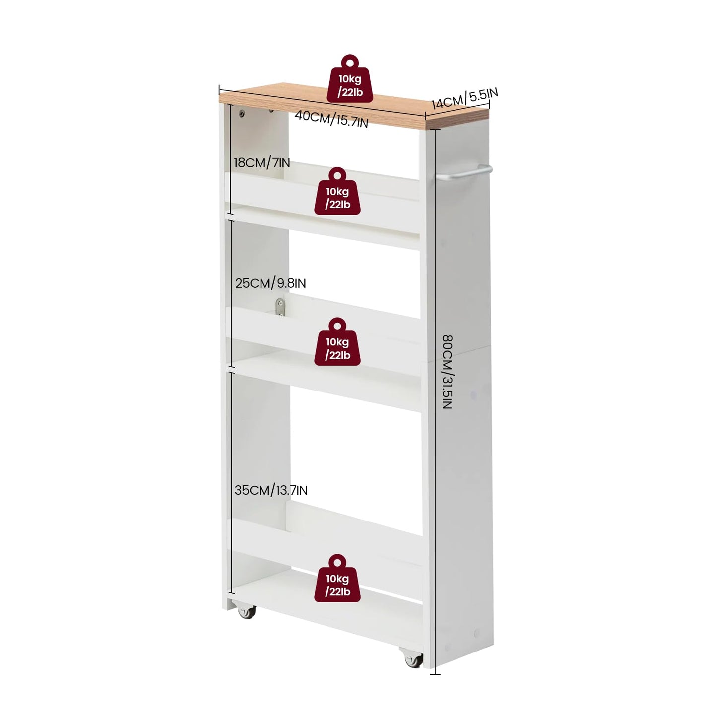 3段キッチンカート キャスター付き 狭いスペース収納 幅40 x 奥行20 x 高さ80cm キッチンワゴン ハンドルと3つのフック付き バスルーム、キッチン洗面所用ハロースペースラック 組み立て簡単