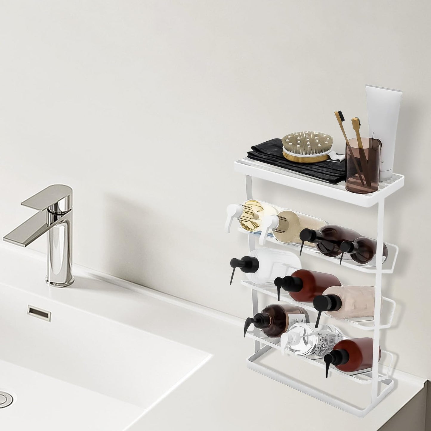 バスボトルラック タワー ホワイト シャンプー収納棚 浴室用シェルフ4段 ボトルサビに強い 錆びにくい 丈夫 省スペース スリム 浴室用ラック お風呂 洗面台 キッチン 小物 収納