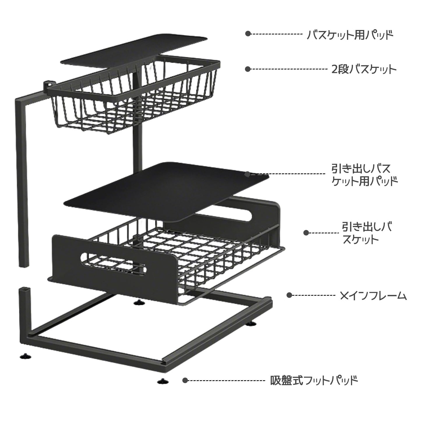 シンク下 収納 L型 2段引き出しカゴ 32.5~40.5cm3段階高さ調節 鉄製・防水防錆仕様 大容量 組立簡単 省スペース 調味料ラック キッチン バスルーム 洗面所 化粧台収納