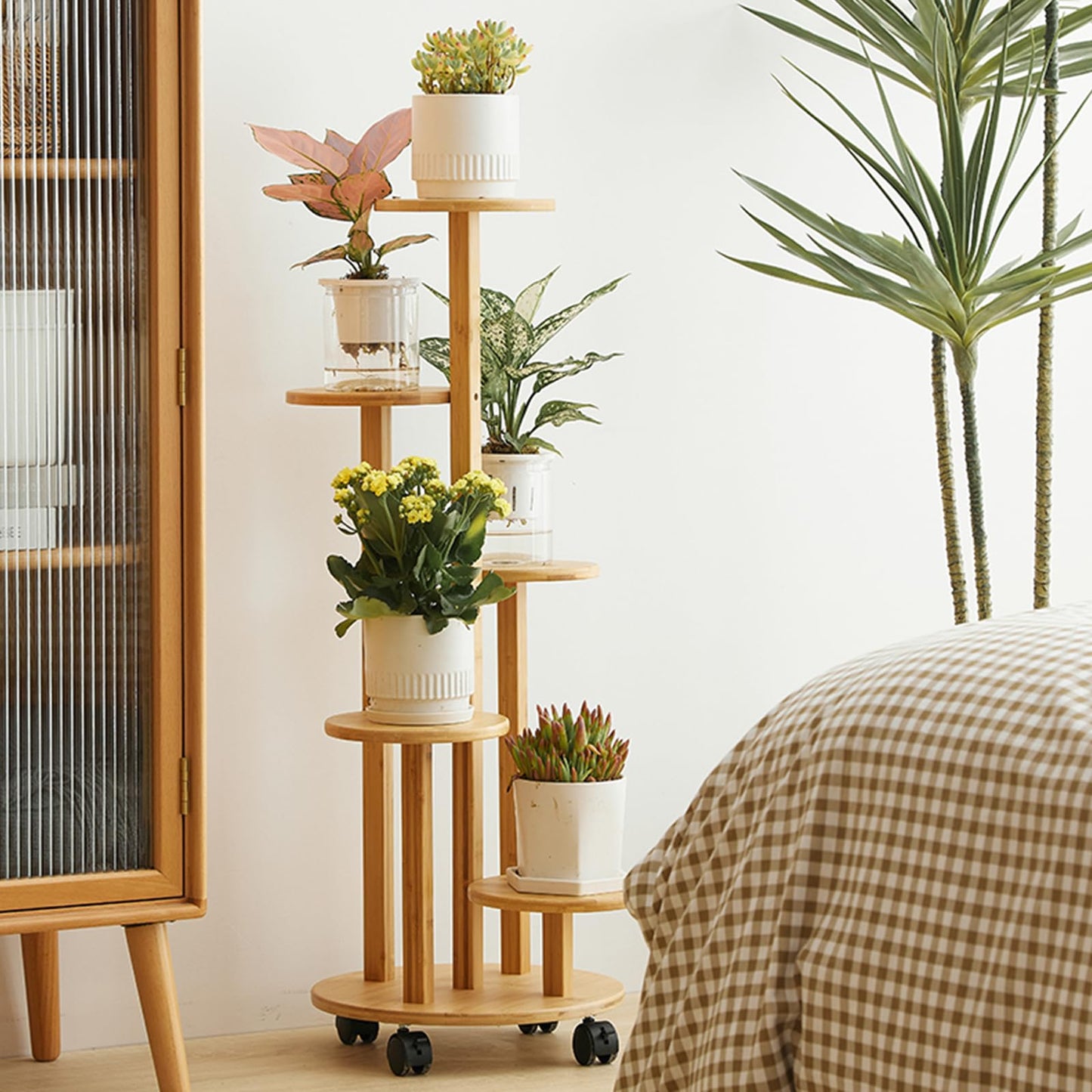 フラワースタンド 花台 室内外兼用の5段 プランタースタンド 園芸ラック 観葉 植物 花棚 リビングルームバルコニーグリーンディルフラワーポットスタンド 組み立てが簡単 移動が容易 指向性キャスター 耐荷重30㎏ おしゃれ 飾り 収納 (茶色)