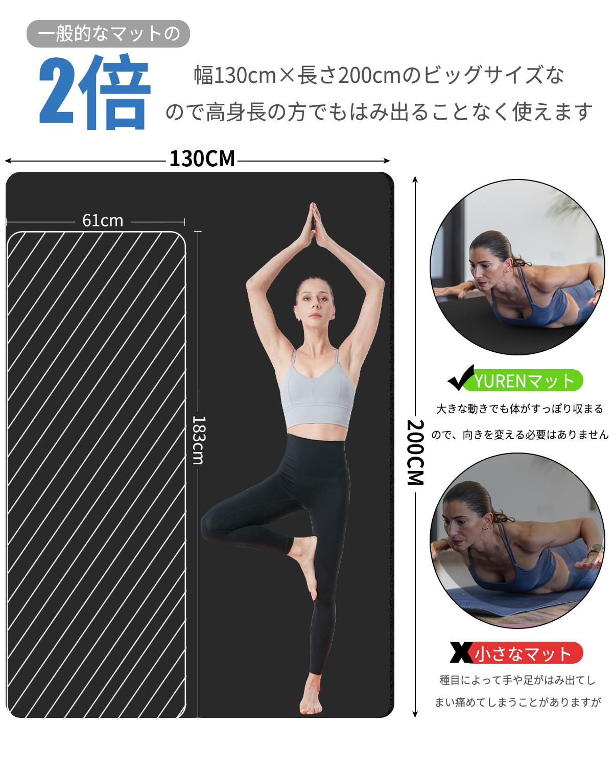 ヨガマット 二人用 200*130cm 厚め20mm 高密度NBR 大きめ トレーニングマット