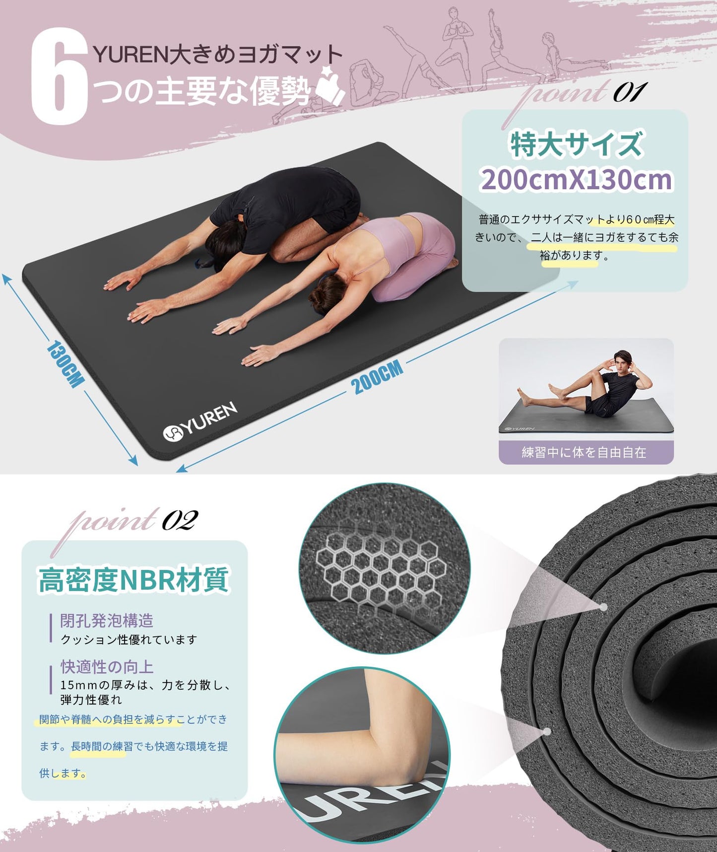 ヨガマット大きいサイズ 厚め 15mm 幅広 200*130cm 高密度NBR 防音 親子 初心者