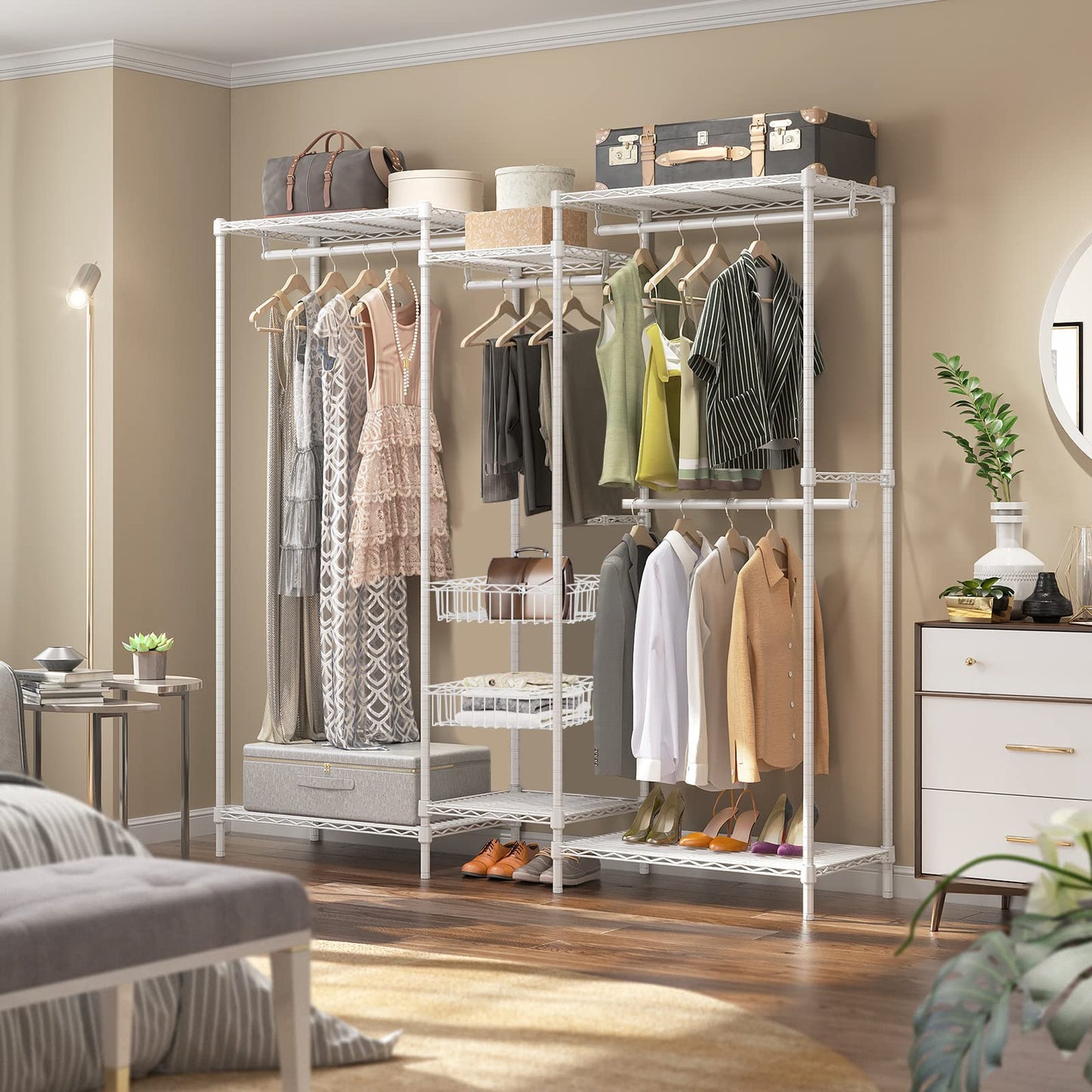 ワードローブ ハンガーラック 棚板付き 大容量 洋服ラック 収納ラック バスケット付き 頑丈 棚板高さ調節 幅155×奥行40×高さ180cm