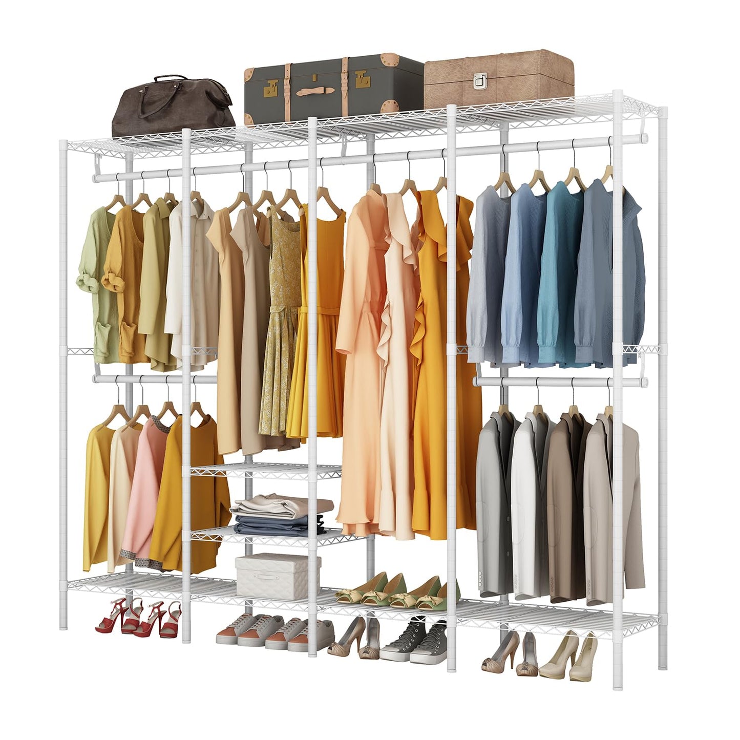 ワードローブ ハンガーラック 棚板付き 大容量 洋服ラック 収納ラック バスケット付き 頑丈 棚板高さ調節 幅155×奥行40×高さ180cm