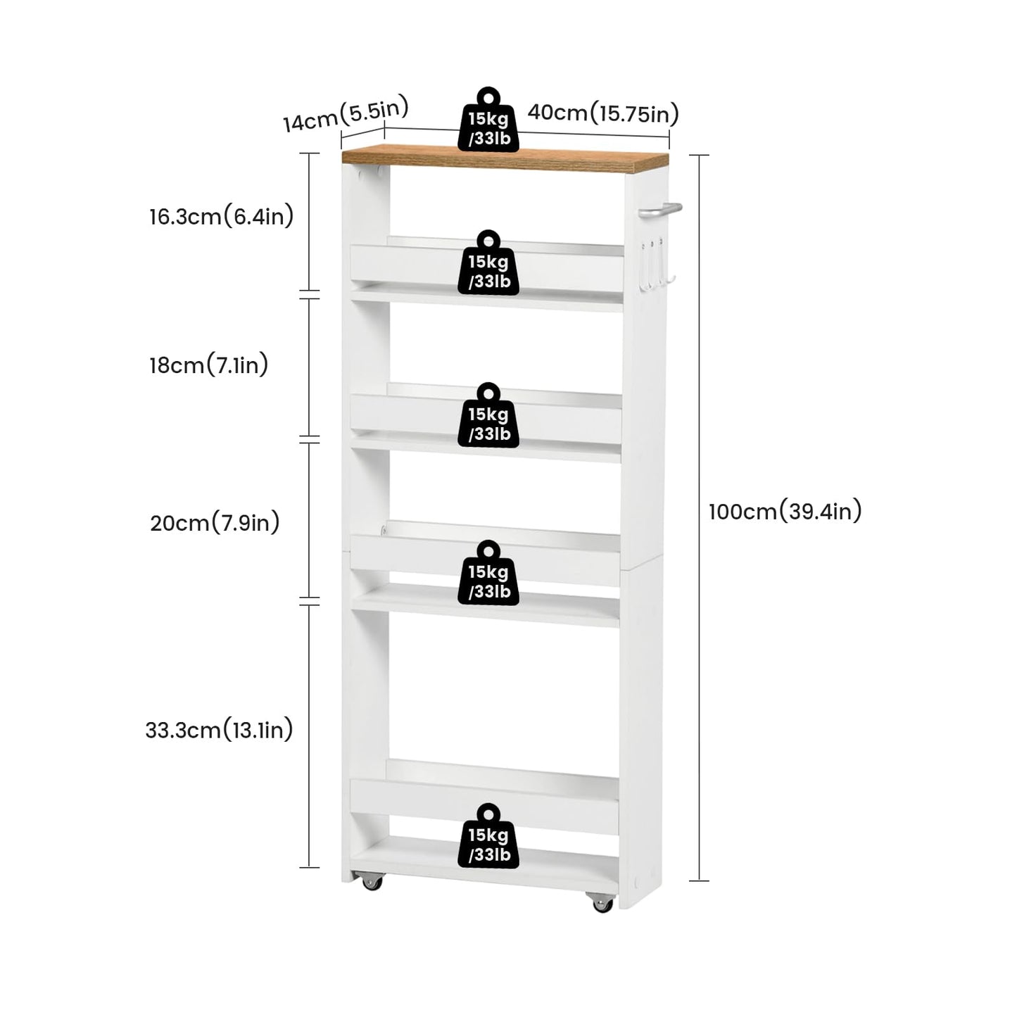 4段キッチンカート キャスター付き 狭いスペース収納 幅40 x 奥行14 x 高さ100cm キッチンワゴン ハンドルと3つのフック付き バスルーム、キッチン洗面所用ハロースペースラック 組み立て簡単