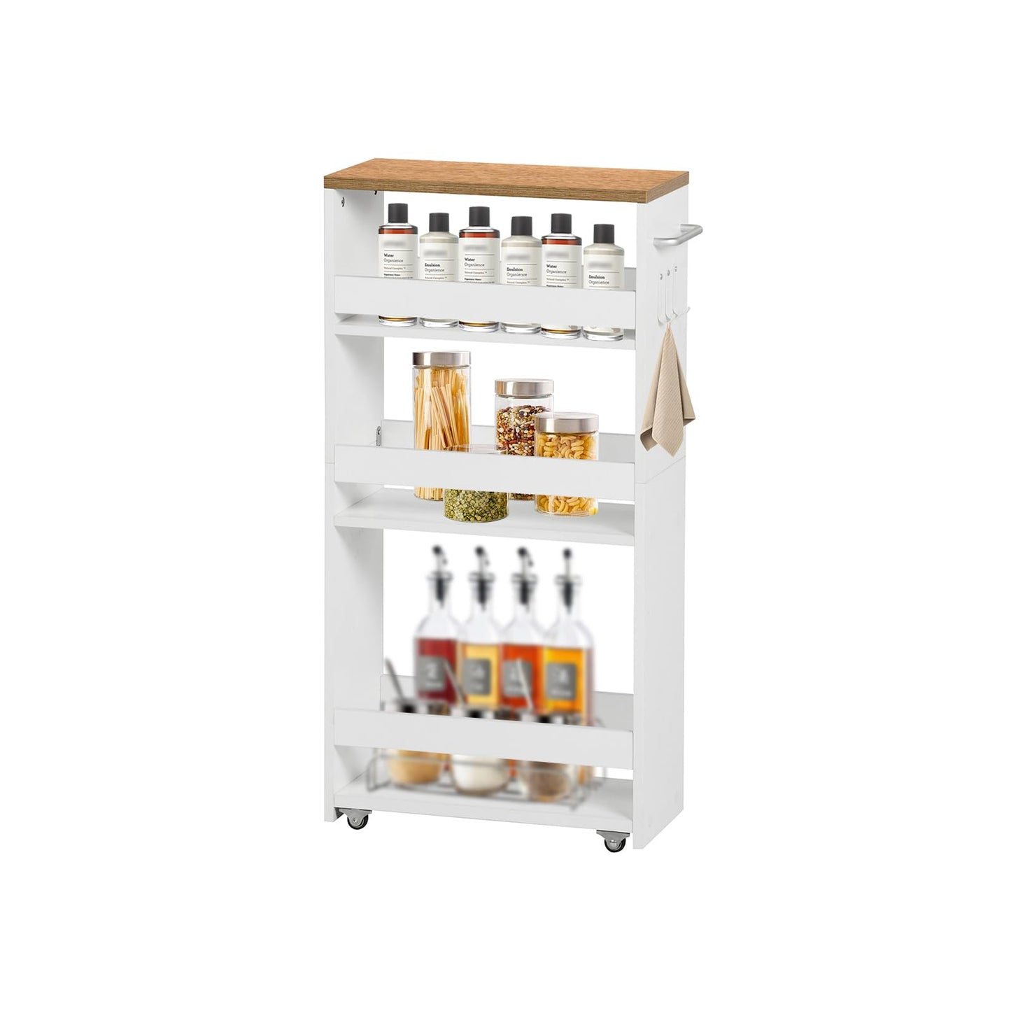 3段キッチンカート キャスター付き 狭いスペース収納 幅40 x 奥行20 x 高さ80cm キッチンワゴン ハンドルと3つのフック付き バスルーム、キッチン洗面所用ハロースペースラック 組み立て簡単