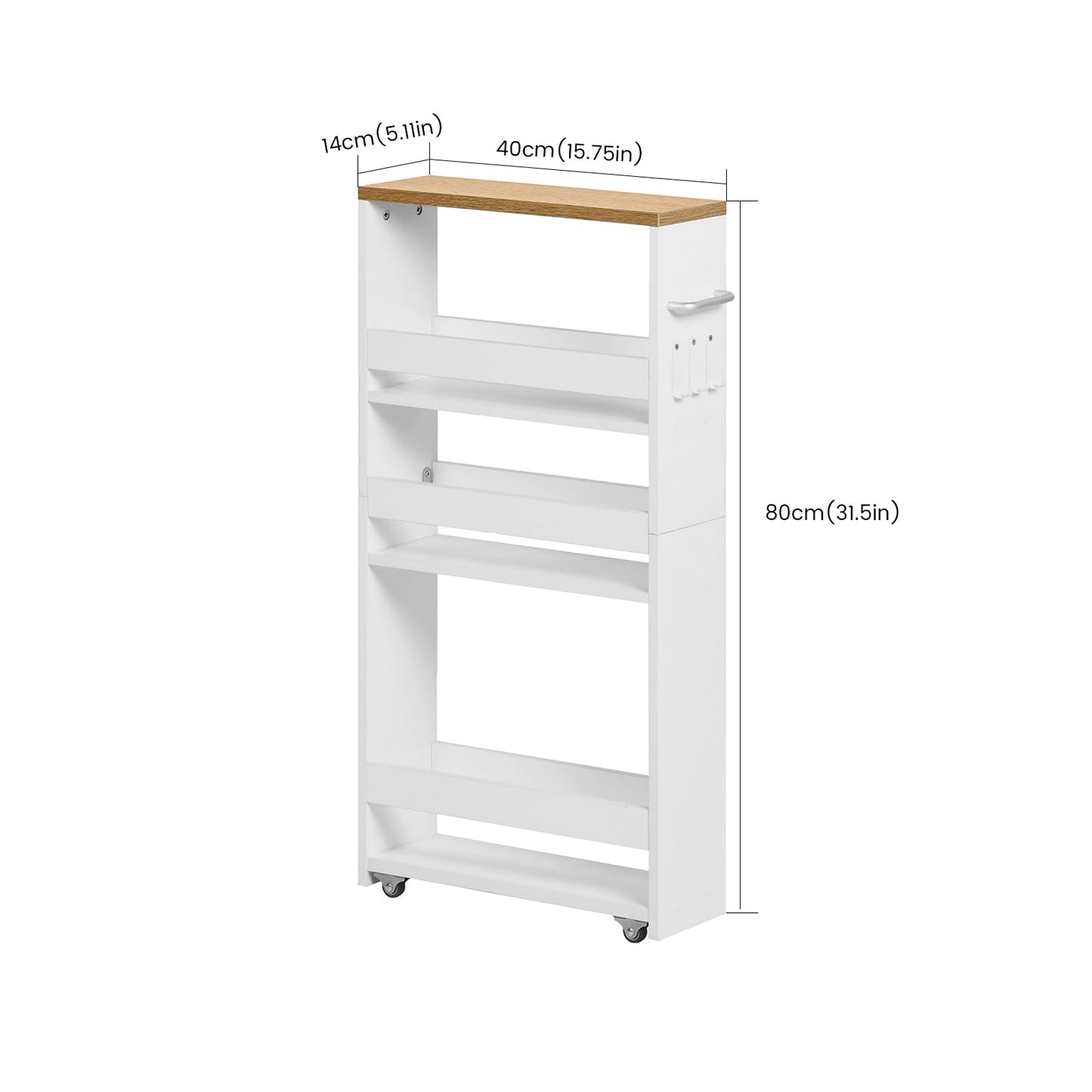 3段キッチンカート キャスター付き 狭いスペース収納 幅40 x 奥行14 x 高さ80cm キッチンワゴン ハンドルと3つのフック付き バスルーム、キッチン洗面所用ハロースペースラック 組み立て簡単