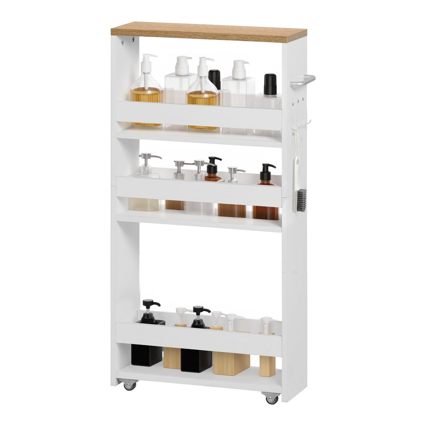 3段キッチンカート キャスター付き 狭いスペース収納 幅40 x 奥行14 x 高さ80cm キッチンワゴン ハンドルと3つのフック付き バスルーム、キッチン洗面所用ハロースペースラック 組み立て簡単