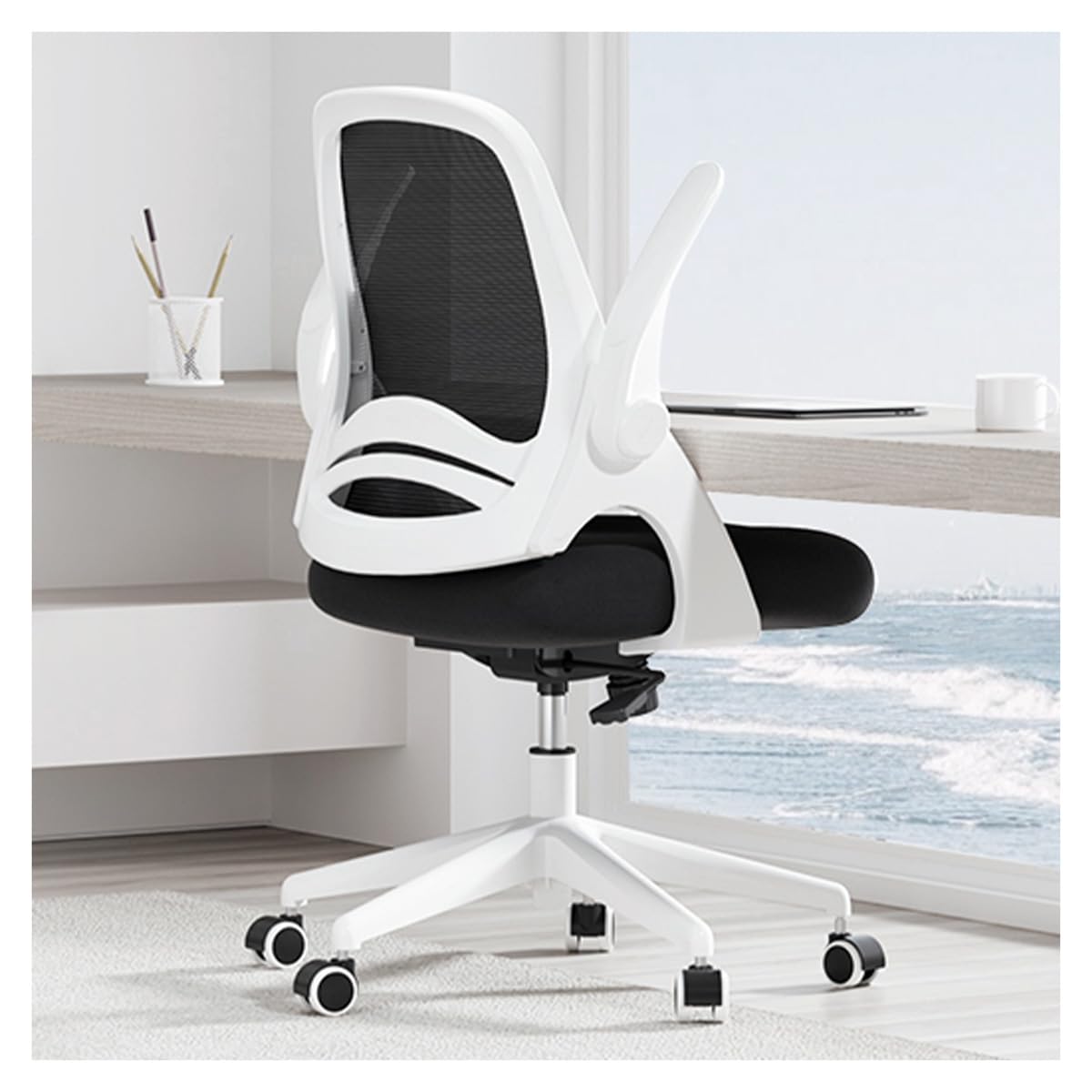 Hbada 椅子 オフィスチェア デスクチェア チェア イス パソコンチェア いす 跳ね上げ式アームレスト コンパクト ワークチェア 約105度ロッキング pcチェア 事務椅子 360度回転 座面昇降 強化ナイロン樹脂ベース メッシュチェア テレワーク 在宅ワーク J323 ホワイト