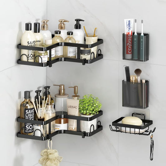 浴室用ラック シャンプーラック 強力粘着固定 水切り 炭素鋼 耐荷重15KG キッチン/風呂場/洗面所に 収納 ラック フック4個付き 5個セット