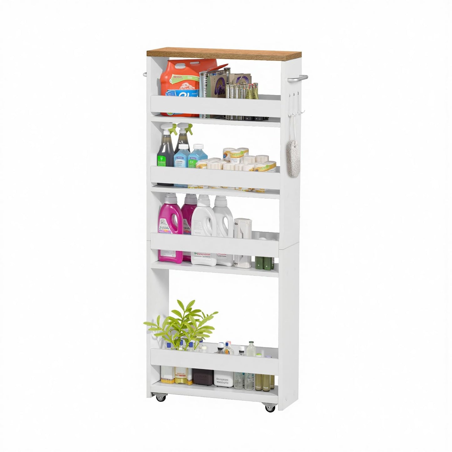 4段キッチンカート キャスター付き 狭いスペース収納 幅40 x 奥行14 x 高さ100cm キッチンワゴン ハンドルと3つのフック付き バスルーム、キッチン洗面所用ハロースペースラック 組み立て簡単