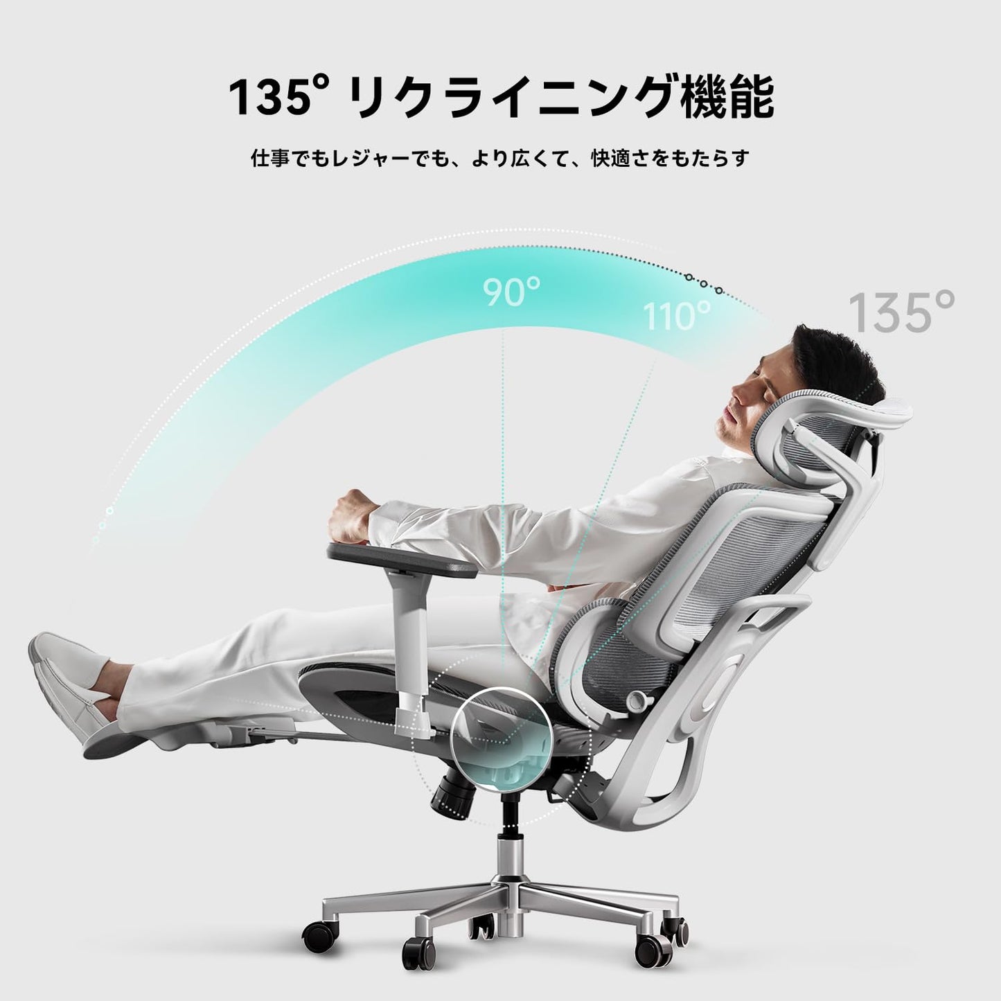 Hbada オフィスチェア デスクチェア 椅子 チェア 2Dヘッドレスト 3Dアームレスト 133°リクライニングチェア パソコンチェア 昇降背もたれ 弾力性ランバーサポート 人間工学 ハイバック メッシュ 椅子 テレワーク 疲れない 通気性 chair 360度回転 いす ワークチェア 座面昇降 pcチェア 腰痛 椅子 社長椅子 鋼製ベース 静音PUキャスター E208 ホワイト