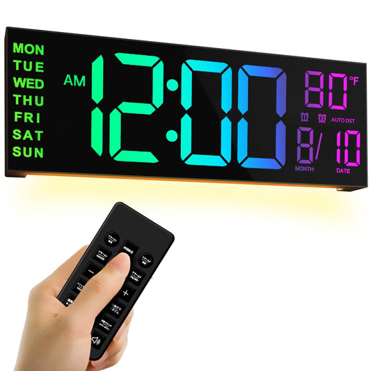 デジタル時計 壁掛け 大型 目覚まし時計 フルカラーLEDディスプレイ 16.2 インチ ライト付き リモコン付き LED時計 明るさ調節 光センサー 週末/平日のアラーム タイマー 大画面 置き掛け兼用 気温/日付表示 12H/24H 多機能 静音 USB給電 リビングルーム/オフィス/教室/ジムに最適