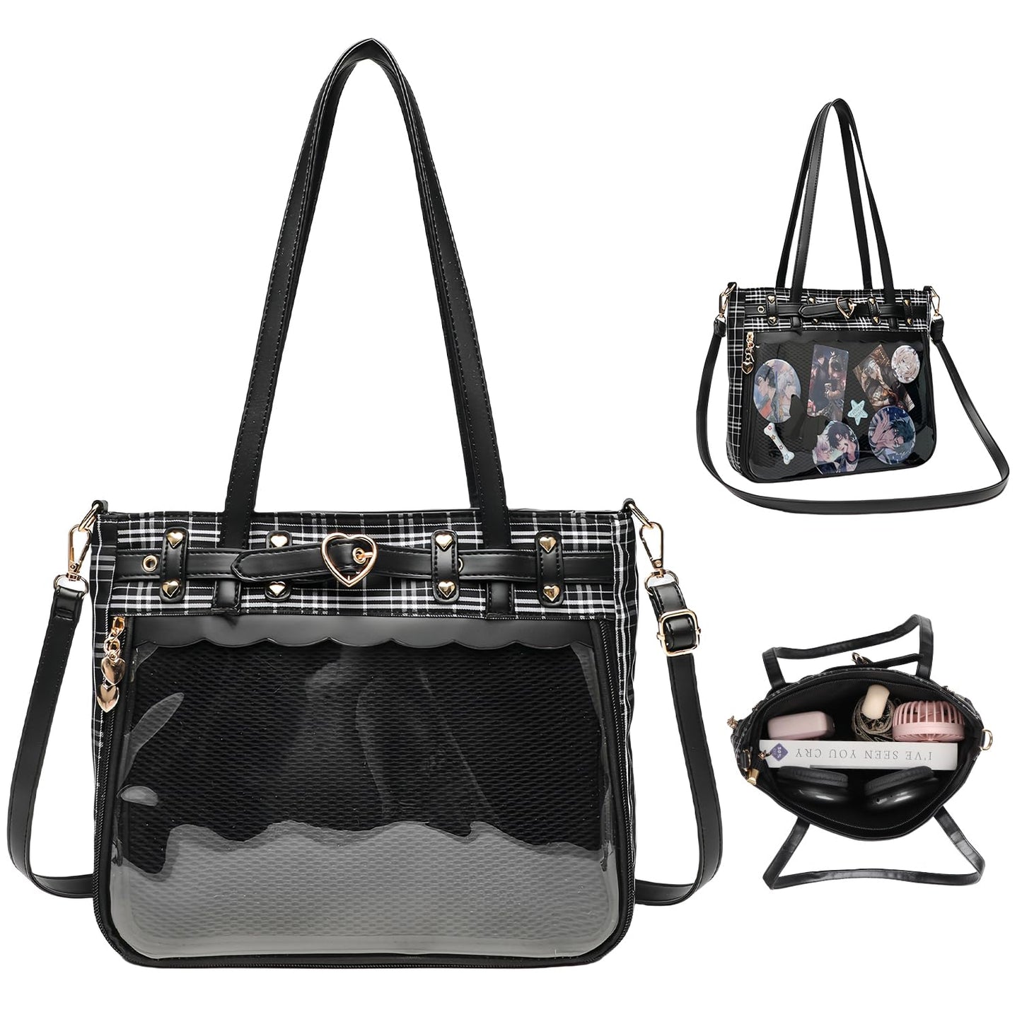 推し活バッグ 透明窓 かばん 小さめ 片面透明 通勤バッグ 3WAY トートバッグ 推し活 収納 ファスナー付きトートバッグ トートバッグ フリル 写真 缶バッジ ストラップ ぬいぐるみ 萌え小物の展示