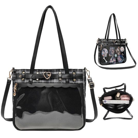 推し活バッグ 透明窓 かばん 小さめ 片面透明 通勤バッグ 3WAY トートバッグ 推し活 収納 ファスナー付きトートバッグ トートバッグ フリル 写真 缶バッジ ストラップ ぬいぐるみ 萌え小物の展示