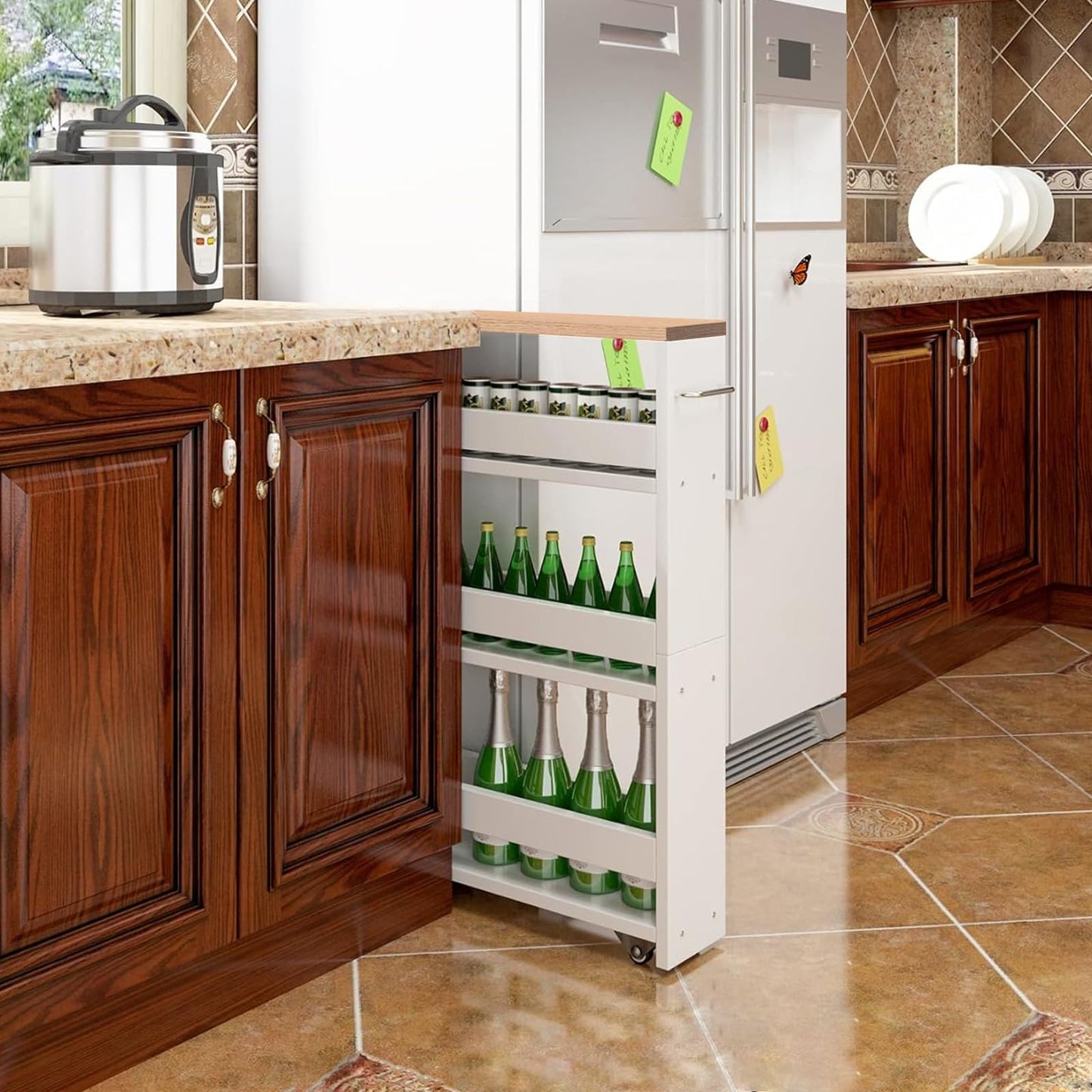 3段キッチンカート キャスター付き 狭いスペース収納 幅40 x 奥行20 x 高さ80cm キッチンワゴン ハンドルと3つのフック付き バスルーム、キッチン洗面所用ハロースペースラック 組み立て簡単