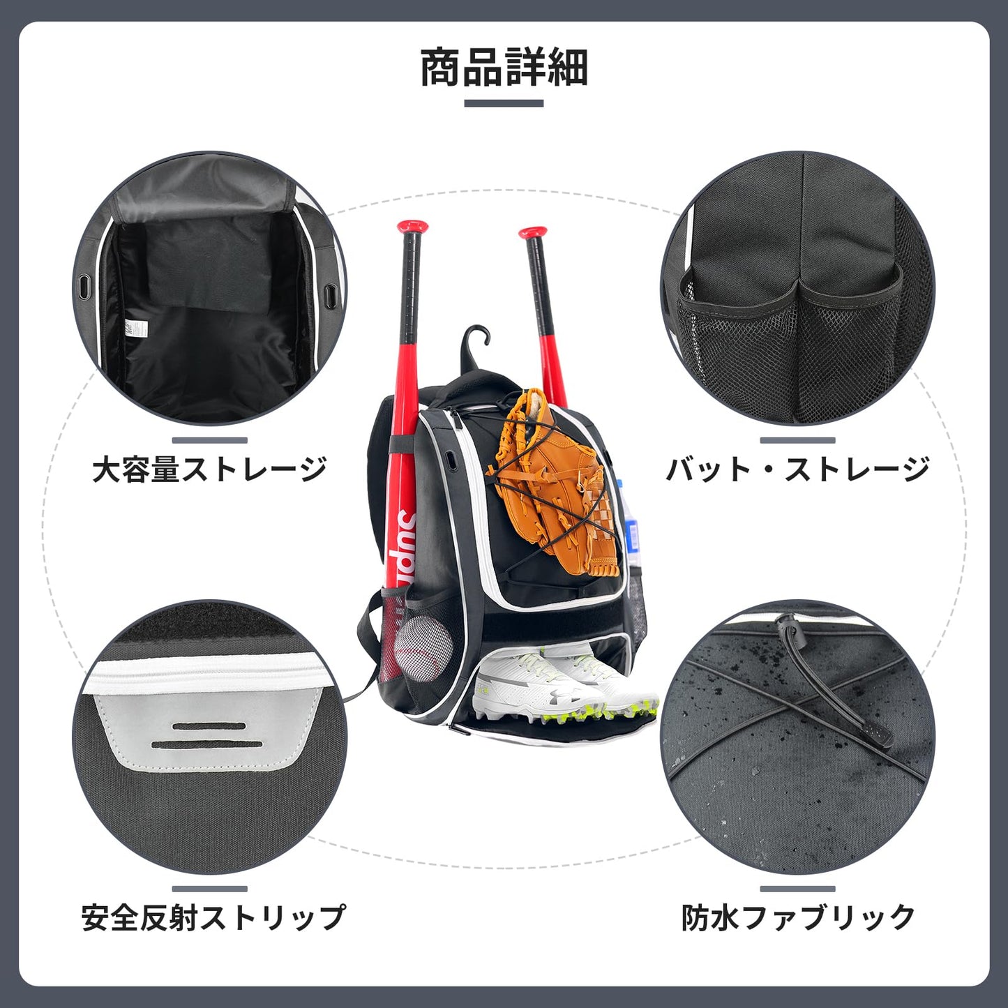 野球 リュック バットスリーブ2個付き 野球バック 少年野球 バット収納 ベースボールバッグ 独立した靴収納 野球用 35L大容量 リュック 野球 バックパック