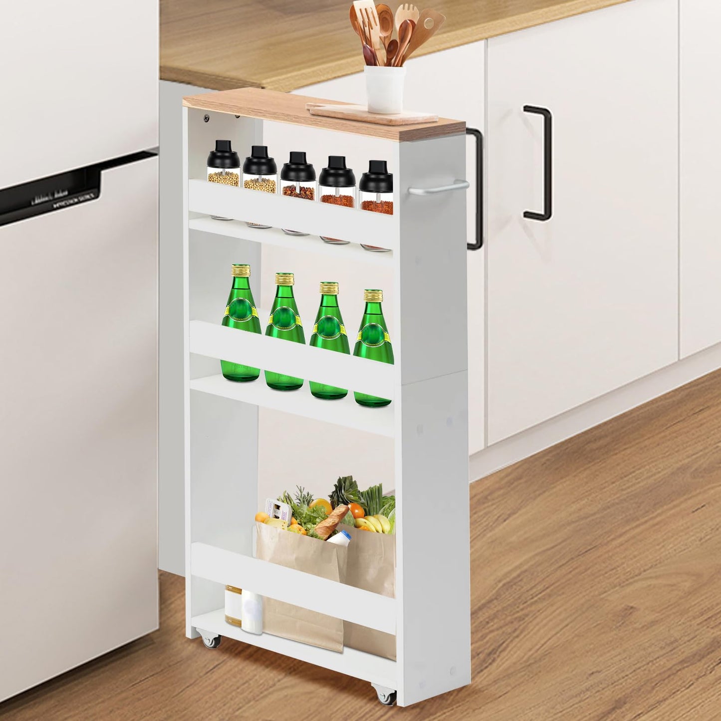 3段キッチンカート キャスター付き 狭いスペース収納 幅40 x 奥行14 x 高さ80cm キッチンワゴン ハンドルと3つのフック付き バスルーム、キッチン洗面所用ハロースペースラック 組み立て簡単