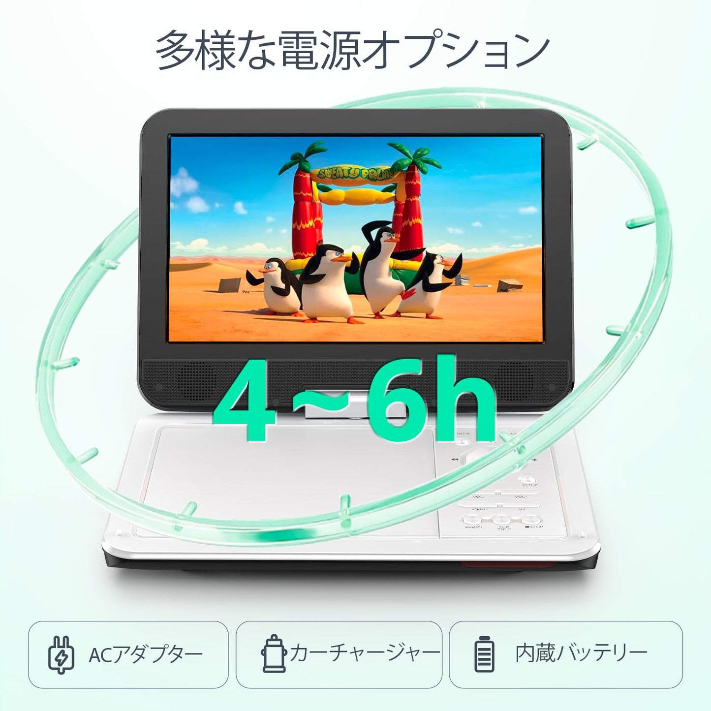 ポータブルDVDプレーヤー 12.5インチ、10.5インチLCD画面搭載、最大4～6時間の再生が可能な充電式バッテリー内蔵、リージョンフリー対応、メモリー再生機能付き。270度回転可能で、USB/SDカードの同期やTVへの接続にも対応したポータブルカーDVDプレーヤー