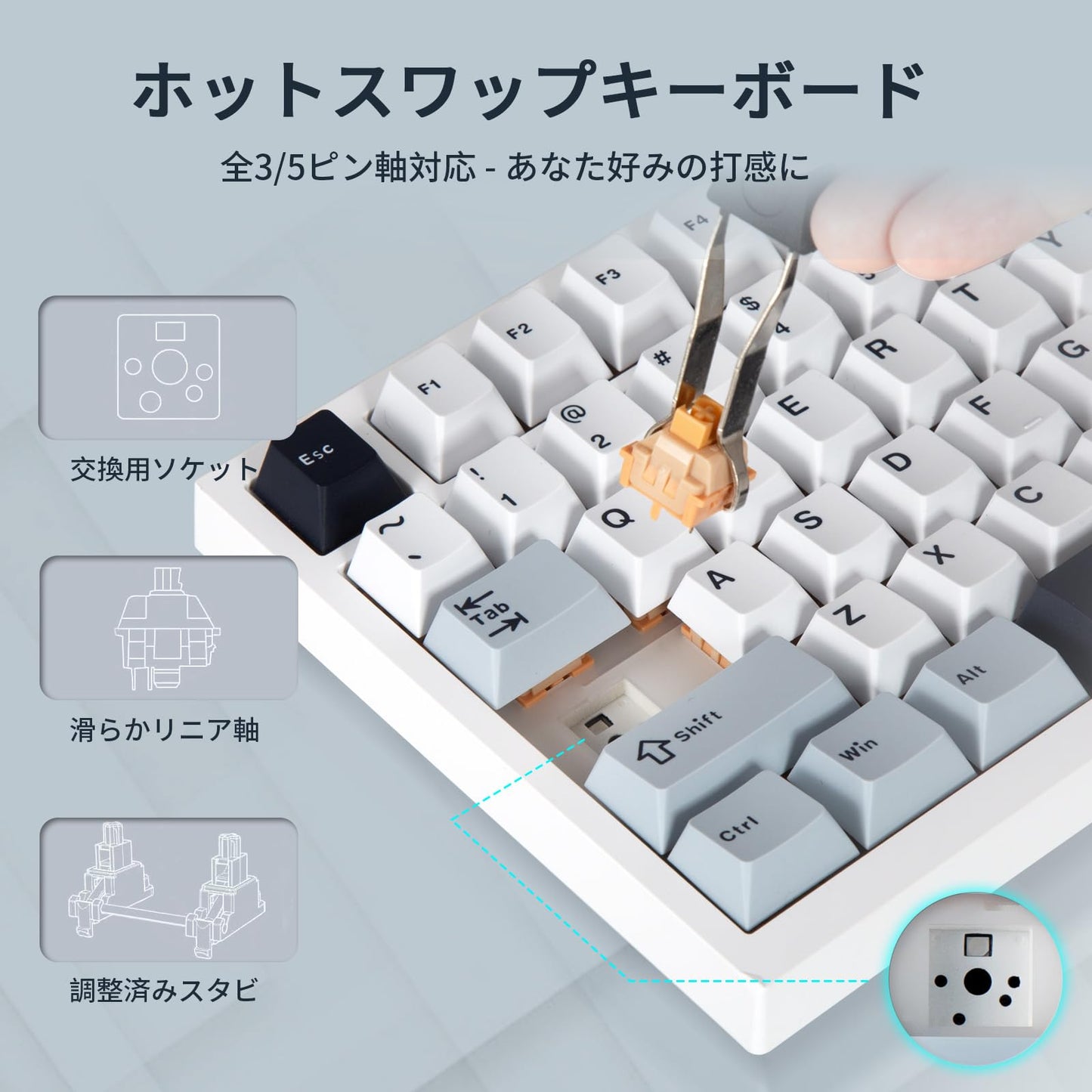 ワイヤレス メカニカルキーボード 黄軸 テンキーレス 3モード接続 ホットスワップ対応 ゲーミングキーボード ノブ付き ディスプレイ搭載 静音 75% RGBバックライト Bluetooth/2.4GHz/USB有線 4000mAh 英語配列 ガスケットマウント カスタマイズ 80キー イエロー軸 Win/Mac対応（ホワイト&ブルー&ブラック）