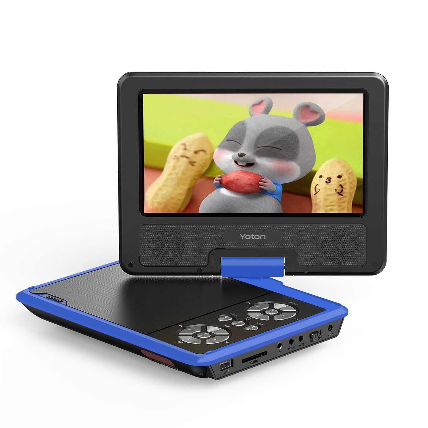 9.5インチ ポータブルDVDプレーヤー、7.5インチ回転ディスプレイ搭載、車載用・子供向け、バッテリー内蔵で4〜6時間の連続使用が可能。ヘッドフォン端子、AV-IN/AV-OUT、USB、SDカード対応