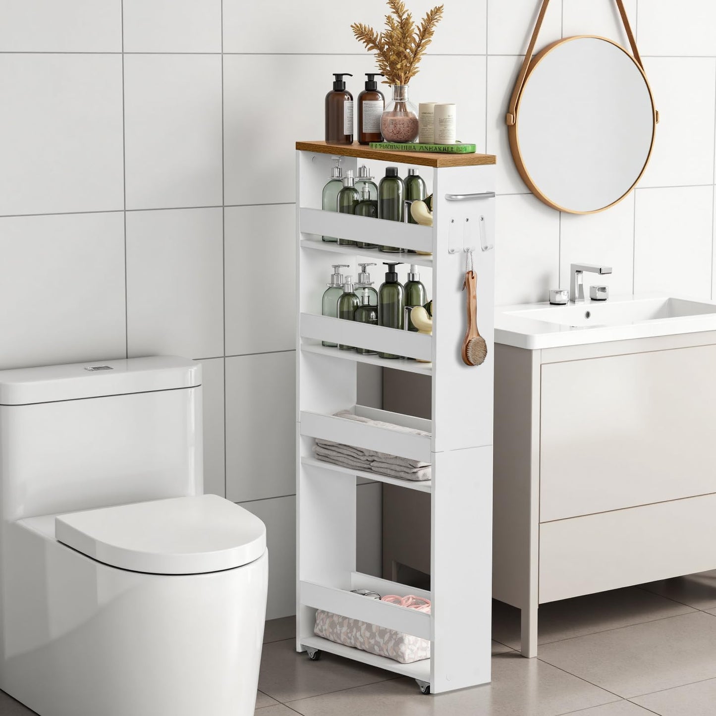 4段キッチンカート キャスター付き 狭いスペース収納 幅40 x 奥行14 x 高さ100cm キッチンワゴン ハンドルと3つのフック付き バスルーム、キッチン洗面所用ハロースペースラック 組み立て簡単