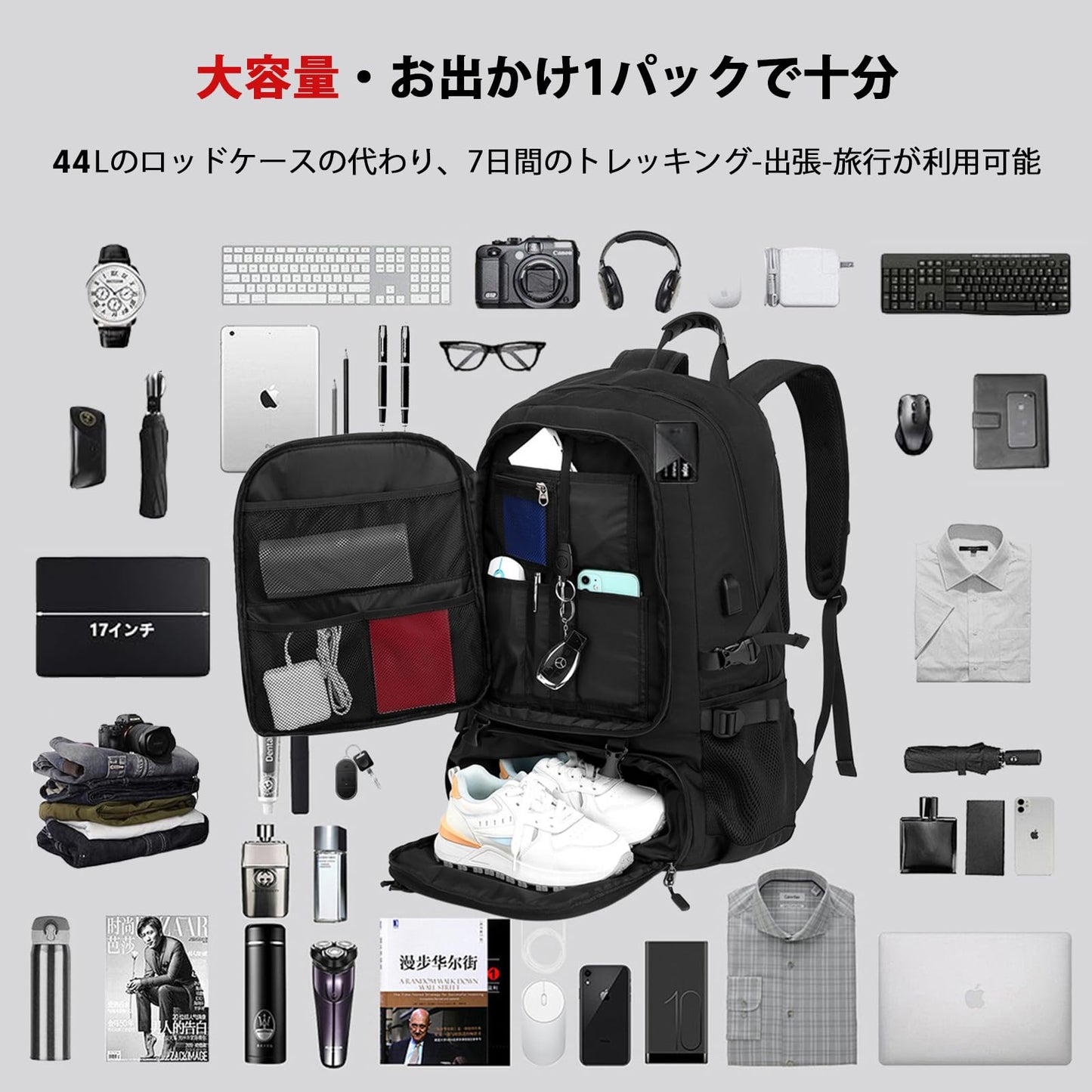 リュック 防水 スクエア 靴収納 リュックサック 大容量 登山リュック 18インチPC 軽量 USB充電ポート付き カジュアル アウトドア旅行 多機能通気性 防災 ハイキング用 通勤 出張 じんたいこうがく マルチセパレータ バックパック キャンプ