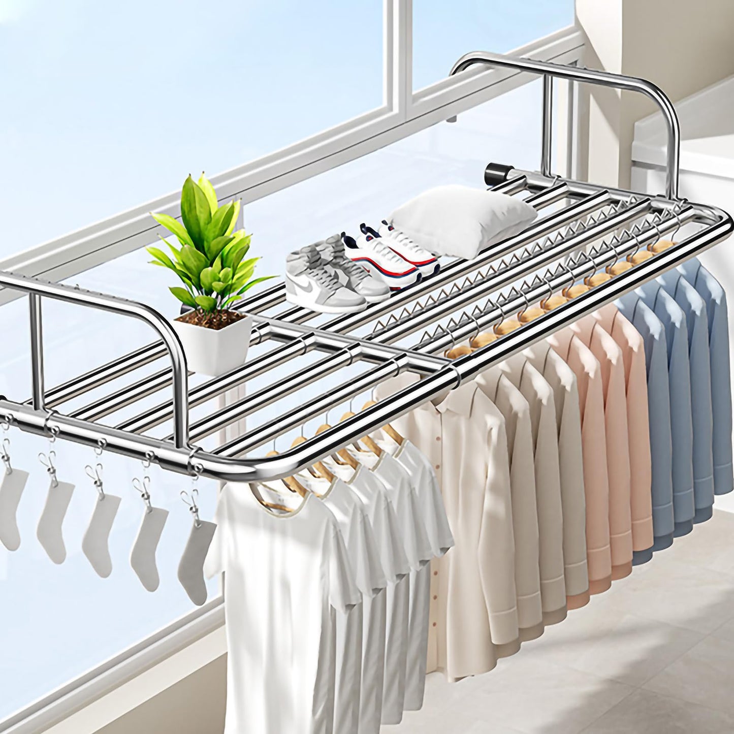 SmartMaster 物干し ベランダ物干し ピンチハンガー 10個ピンチ付き 伸縮可能 78-140cm 洗濯 室内 屋外 防風フック 耐荷重25kg 組み立て不要 折りたたみ式 収納便利 タオルハンガー 省スペース 花台 ラクラク干せる(78-140cm)