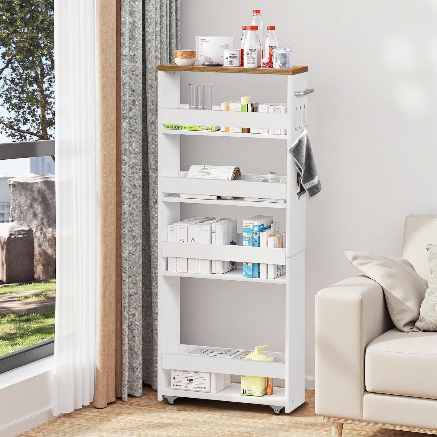 4段キッチンカート キャスター付き 狭いスペース収納 幅40 x 奥行14 x 高さ100cm キッチンワゴン ハンドルと3つのフック付き バスルーム、キッチン洗面所用ハロースペースラック 組み立て簡単