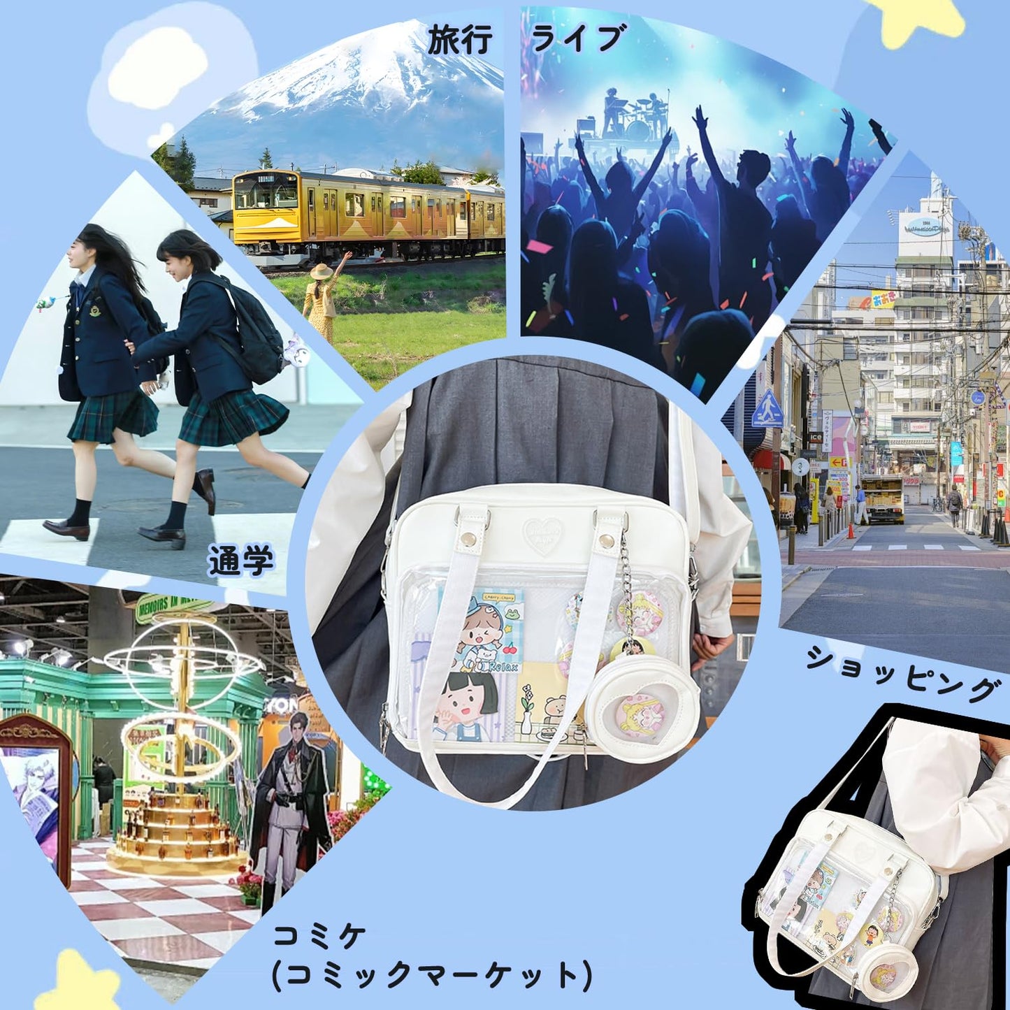 痛バッグ 推し活 透明窓 かばん 3WAY トートバッグ 小さめ 通勤バッグ 推し活 tote bag 収納 片面透明 ファスナー付きトートバッグ 肩掛け キャンバス フリル 写真の展示