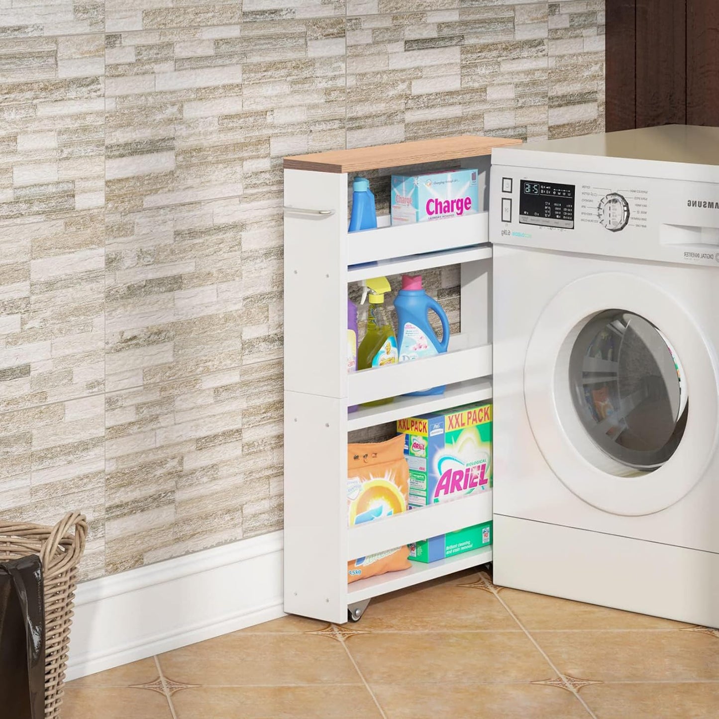 3段キッチンカート キャスター付き 狭いスペース収納 幅40 x 奥行14 x 高さ80cm キッチンワゴン ハンドルと3つのフック付き バスルーム、キッチン洗面所用ハロースペースラック 組み立て簡単