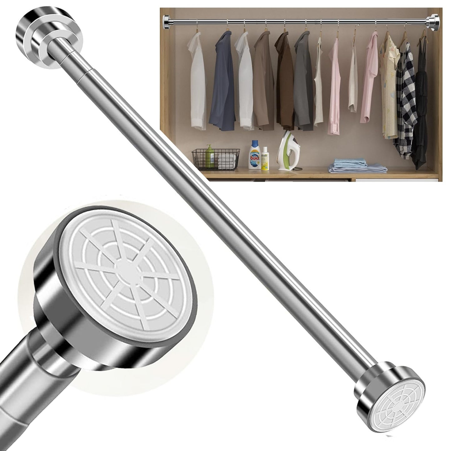 ステンレス製の伸縮棒、穴あけ不要、超強力伸縮棒：幅50-260cm、耐震・頑丈設計、耐荷重40-50kg、転倒防止サポート棒幅調節可能、複数長さ、天井に対応、浴室収納、窓枠、室内物干し棒、部屋、窓枠、シャワーカーテン、寝具干し、ワードローブ、コート伸縮棒、クローゼット