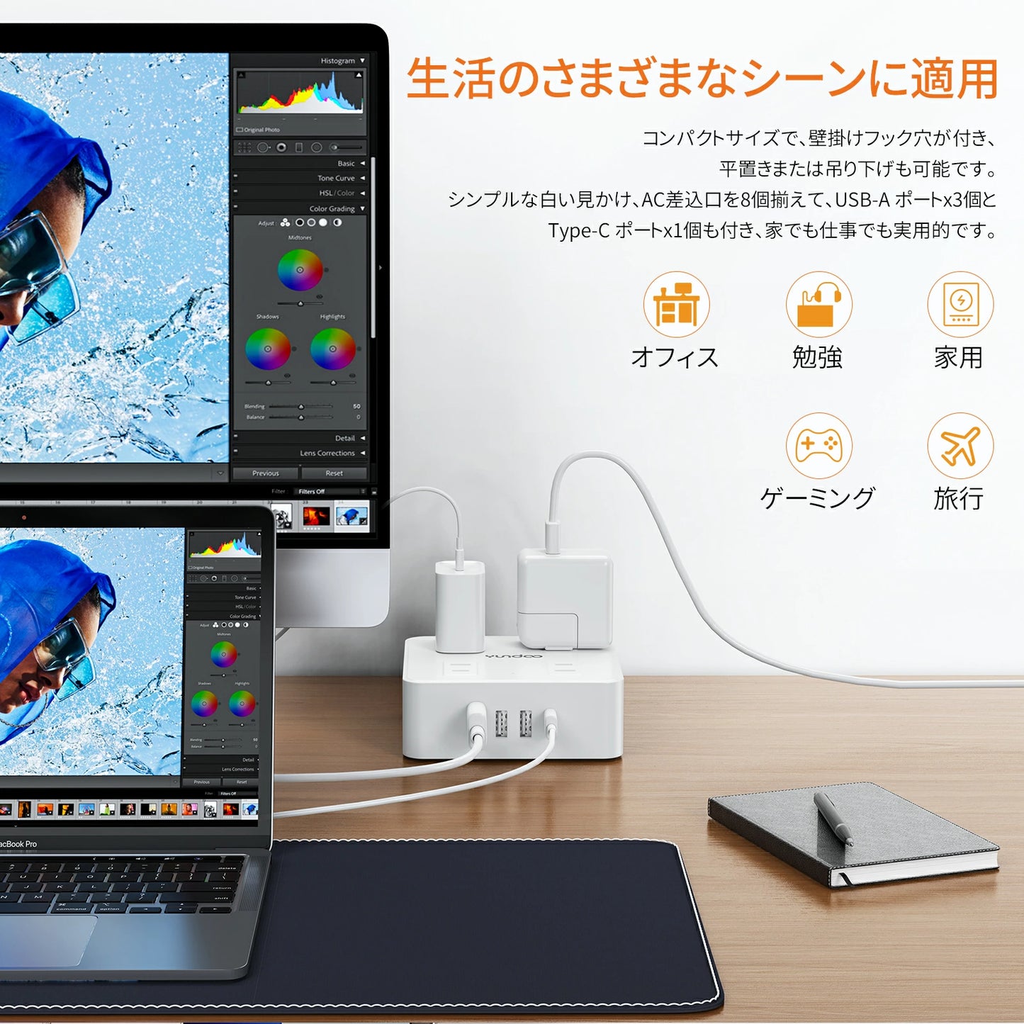 新商品 電源タップ フラットプラグ式 コンセント 電源タップ usb 延長コード 2m AC8口 USB 4ポート コンセント 急速充電 2m スマホ充電 回転 延長コード2m usb コンセント タップ 電源タップ スイッチ