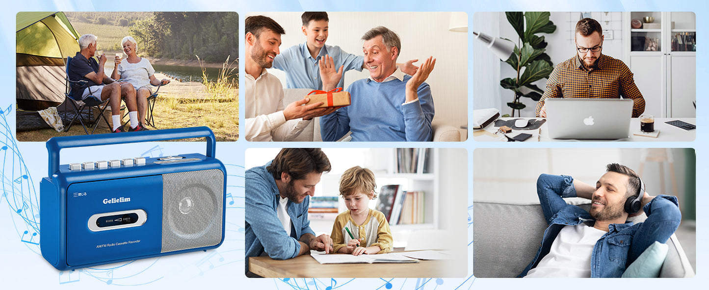 Gelielim ラジカセ カセットデッキ 録音再生 ラジカセカセットプレーヤー AM/FM/ワイドFM対応 乾電池/コンセント式 ハンドル付 日本語取扱説明書