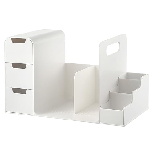 NAYIV デスクオーガナイザー卓上 本立て 35x20x21cm ペンホルダー付きデスクトップオーガナイザー 厚手のHIPS素材 ワンピースで取り付け不要 取っ手付き 滑り止めデザイン 引き出し付き 本と文房具の収納 コスメ・ジュエリーの収納 大容量 区画設計 メサ整理収納