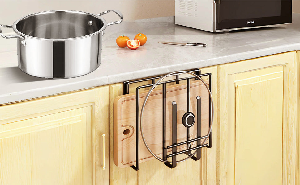 SmartMaster まな板スタンド 吊り下げラック 鍋蓋ホルダー 戸棚下 多機能ラック キッチンラック 調理器具収納 戸棚 スペース活用 錆びにくい ステンレス製 穴あけ不要 ネジ止め不要 省スペース ブラック 幅26.5×奥行30cm 2段
