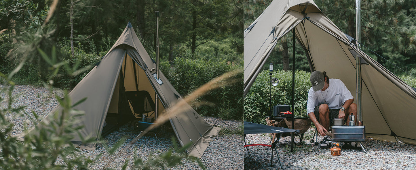 Naturehike ワンポールテント 2人用 難燃材質 煙突穴付き ツールーム PU3000ｍｍ スノースカート 前室拡張可能 多種使用モード 通気性 軽量 薪ストーブ対応 ピラミッド テント ソロテント 遮熱遮光 防風 アウトドア キャンプ 登山 旅行 ピクニック