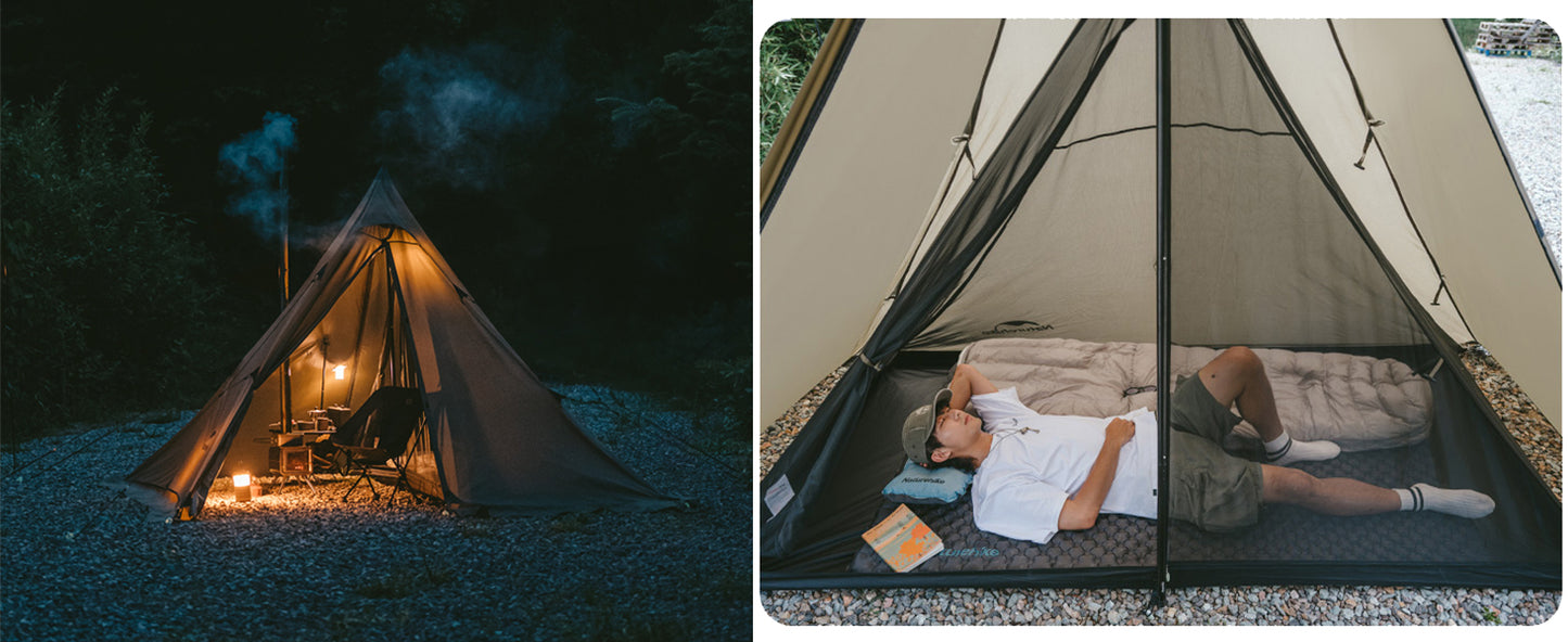 Naturehike ワンポールテント 2人用 難燃材質 煙突穴付き ツールーム PU3000ｍｍ スノースカート 前室拡張可能 多種使用モード 通気性 軽量 薪ストーブ対応 ピラミッド テント ソロテント 遮熱遮光 防風 アウトドア キャンプ 登山 旅行 ピクニック