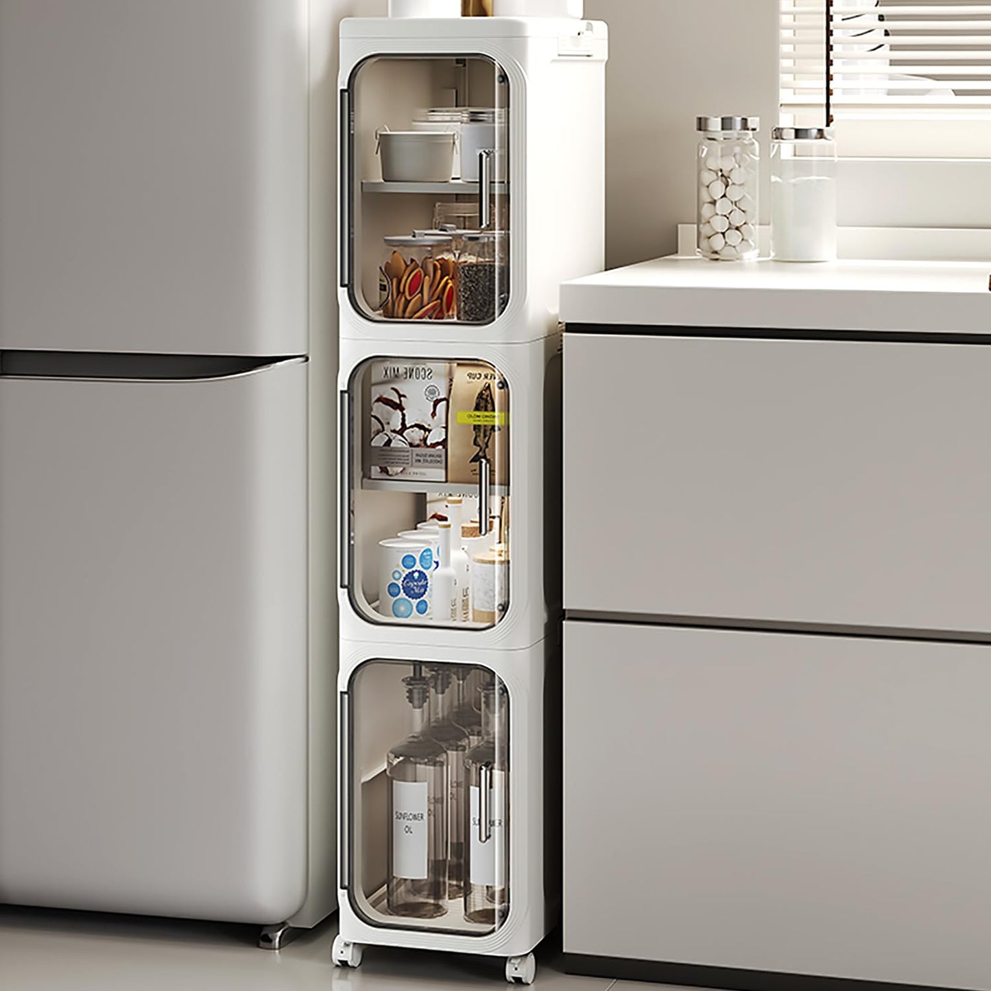 隙間収納 すきまストッカー キッチン収納 折り畳み3段スリムラック 台所 洗面所収納 洗濯機横 冷蔵庫横 すき間収納 収納キャビネット スキマ収納 キッチンラック スリムストッカー 隠す収納 (20cm*33cm*97cm-3段式)ホワイト