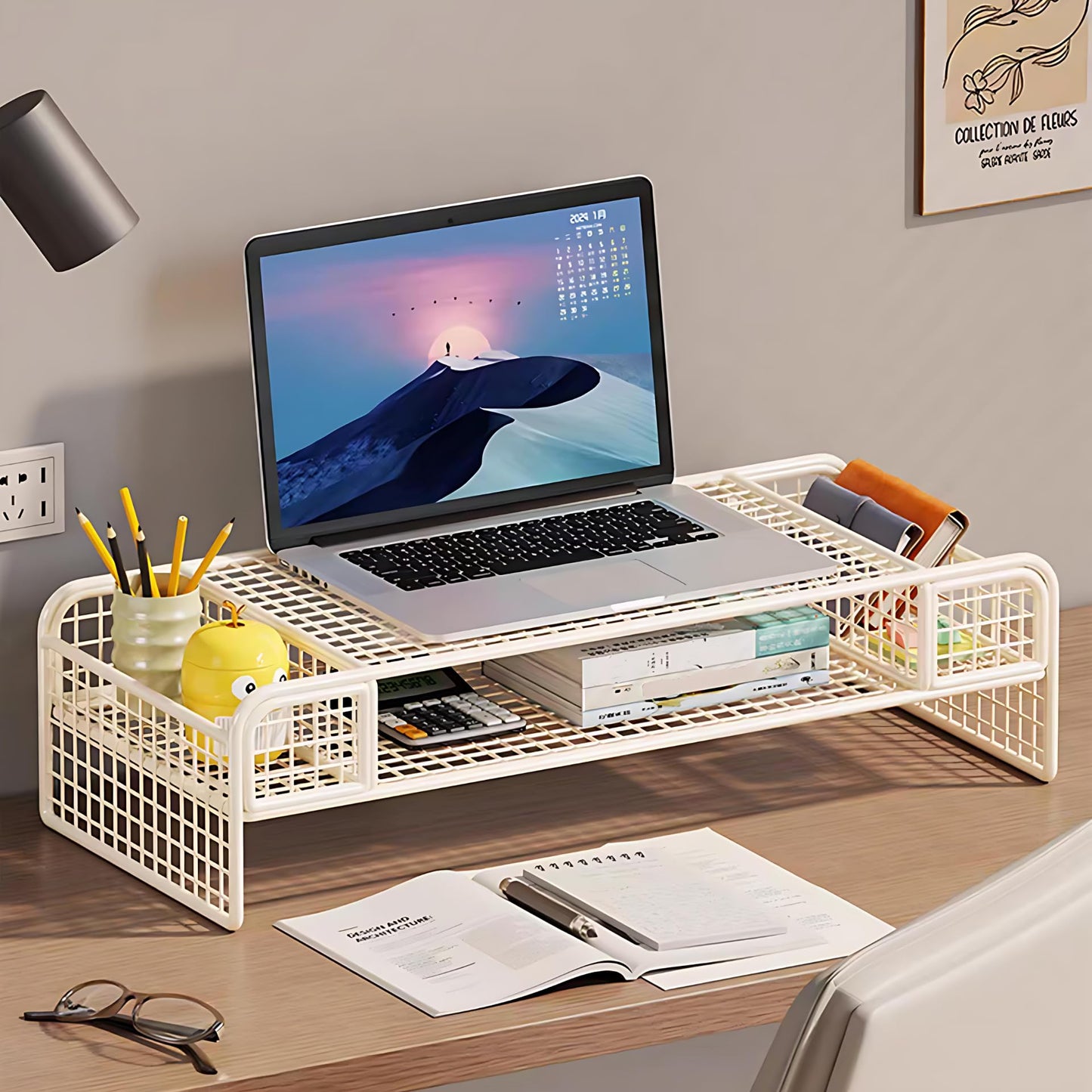 Vinnatsuメッシュモニター台 机上台 PCスタンドディスプレイ台パソコンスタンド人間工学デザイン ディスプレイ 台 PC台 姿勢改善 有孔ボード 卓上収納 文具収納 工具不要 耐荷重15㎏ (しろい)