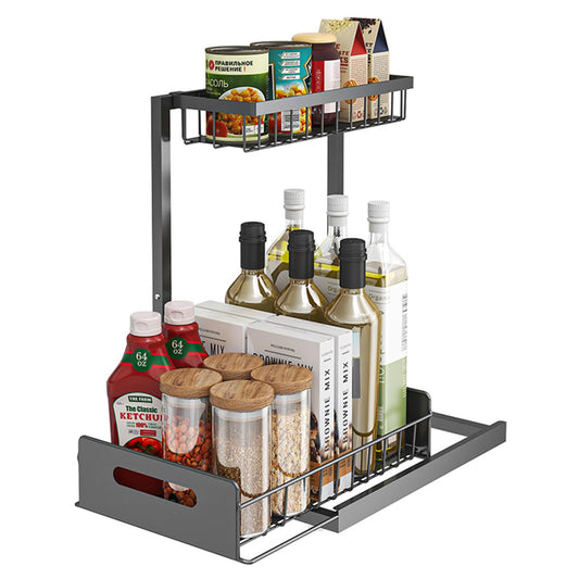 シンク下 収納 L型 2段引き出しカゴ 32.5～40.5cm3段階高さ調節 鉄製・防水防錆仕様 大容量 組立簡単 省スペース 調味料ラック キッチン バスルーム 洗面所 化粧台収納