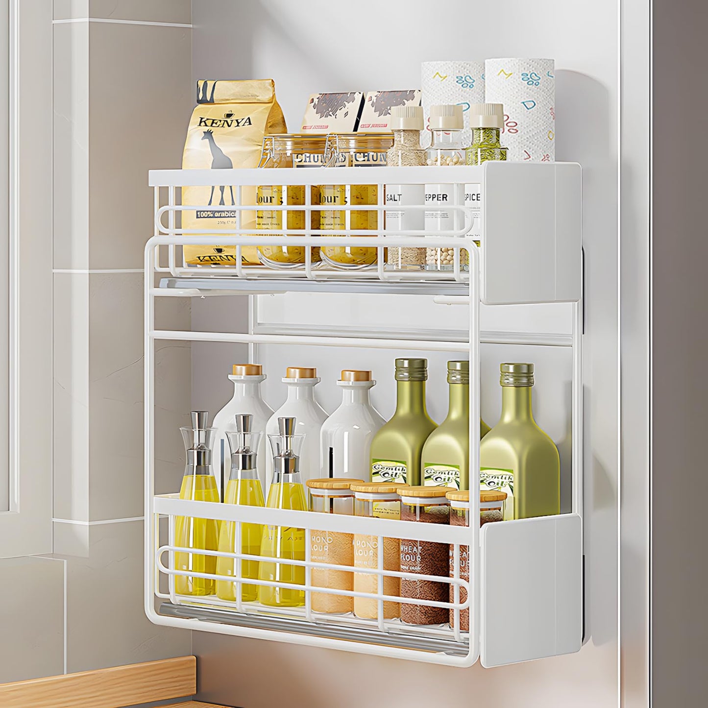 マグネット 調味料収納 スパイスラック 冷蔵庫 洗濯機 収納 二段引き出し式 炭素鋼材質 取り付け不要 36.5x14.5x35.5cm 省スペース 大容量 高耐荷重 移動可能 卓上使用対応 多機能マグネット式 キッチン 隙間収納ラック