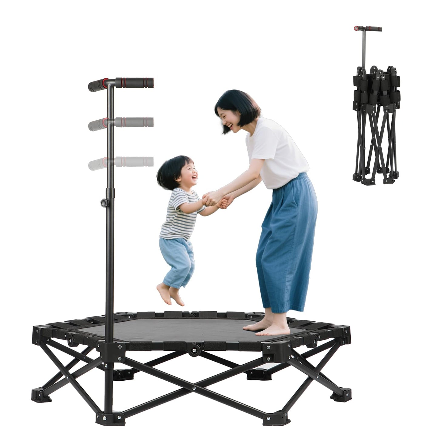 トランポリン 室内 子供 大人用 とらんほりん スマホホルダー付 3段階調節 手すり付き 折りたたみ 収納便利 静音 耐荷重150kg トレーニング あそび 家庭用 ブラック
