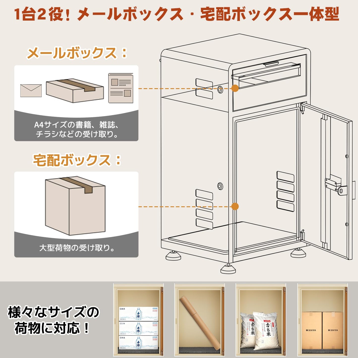 宅配ボックス ポスト一体型 ポスト付き 大容量 おしゃれ 木目調 組み立て不要 防水・防錆 屋外 置き配 盗難防止 両開扉 調整可能なスタンド(ベージュ)