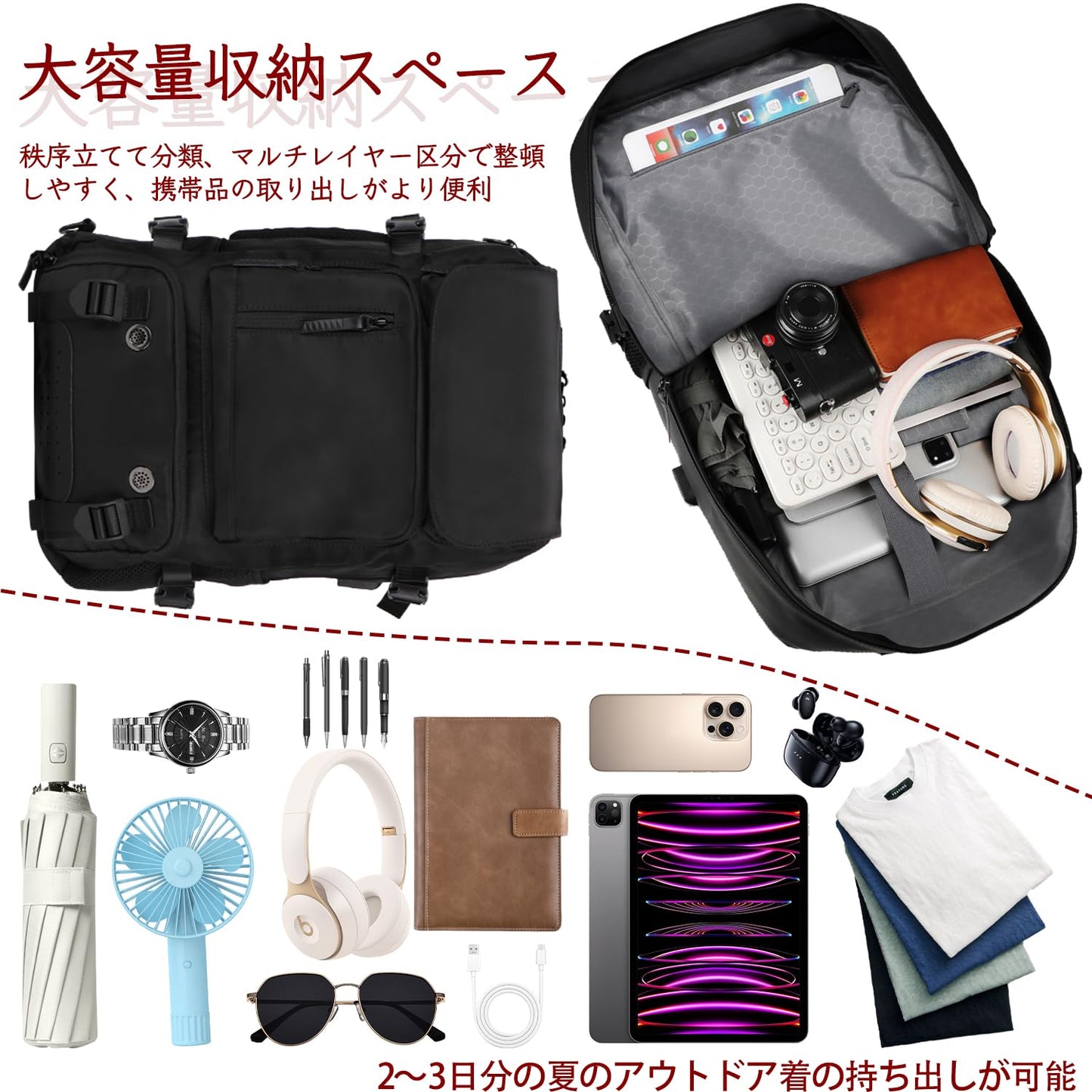 登山リュック マルチポケット収納 4wayタクティカル パック ミリタリー リュックサック 撥水加工 大容量 多機能収納性 軍用 キャンプ トレッキング 旅行 防災 避難