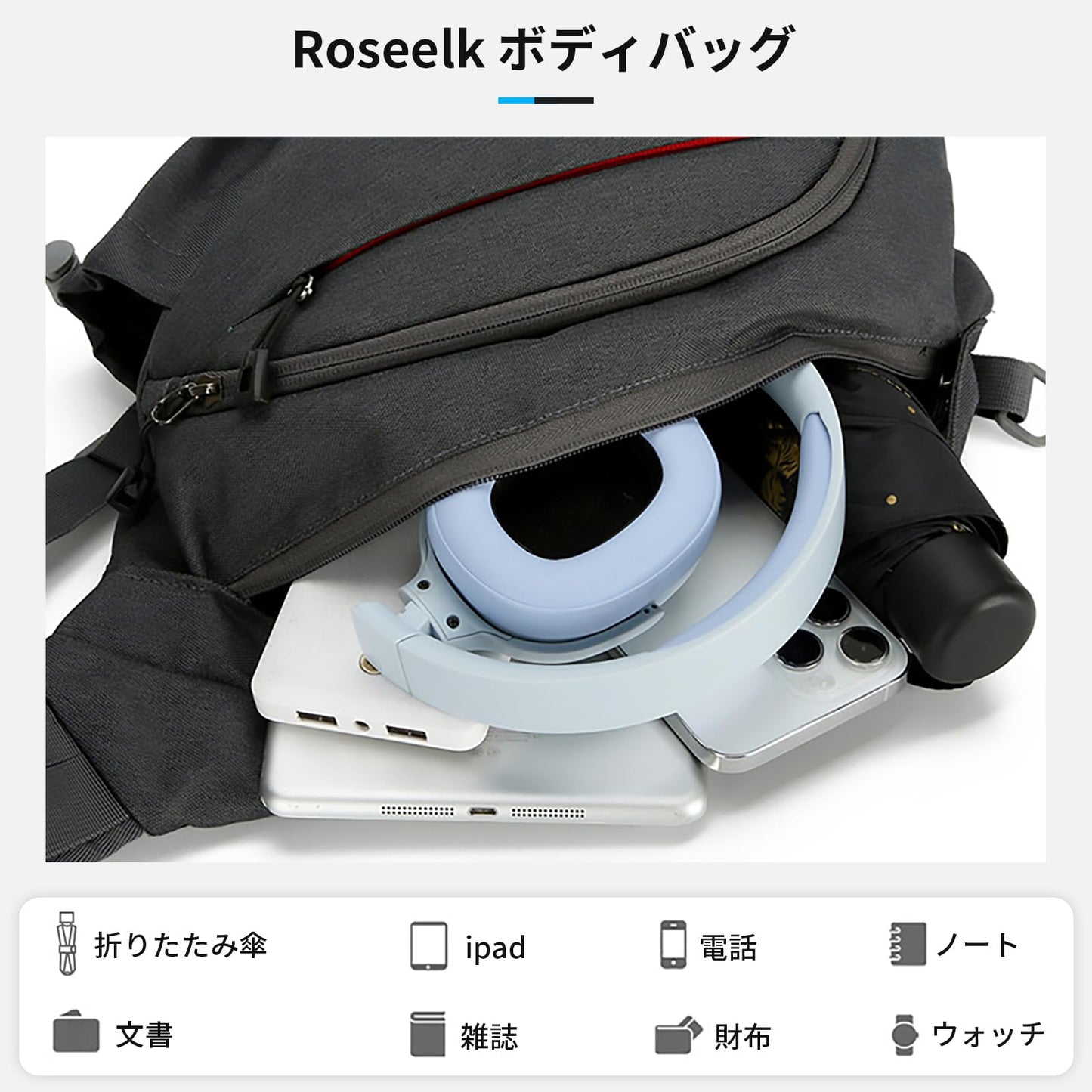 ボディバッグ ワンショルダーバッグ メンズ 軽量 斜め掛け 肩掛けバッグ コンパクト シンプル ショルダー付替え可能 スポーツ カジュアル リュック ヘッドフォンスロットとUSB付き