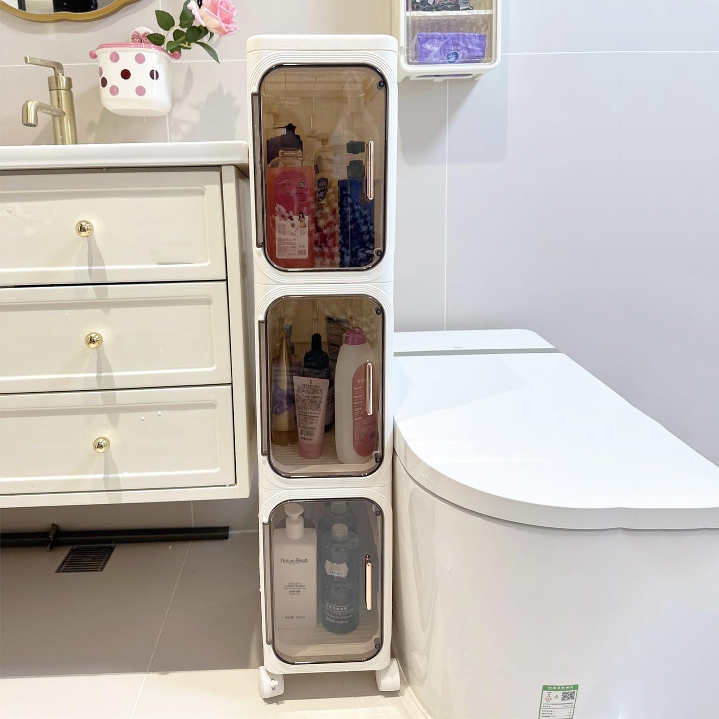 Vinnatsuスキマ収納 キッチンチェストすきま収納 キッチンワゴン スリム チェストスリムチェスト トイレ収納 キャスター付き 防塵 磁気吸収ドア 取っ手付き 組み立て式 工具不要調味料 食品 ペットボトル 小物 台所 洗面所 冷蔵庫横