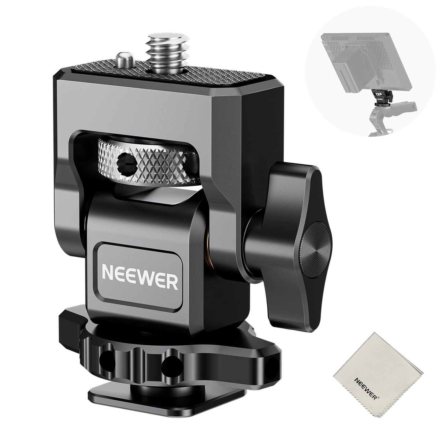 カメラモニターブラケット コールドシュー/アンチツイスト 1/4インチネジ/クリーニングクロス付き Atomos Ninja V 5インチ&7インチフィールドモニター対応 360°回転 180°傾斜調整可能 衝撃吸収 MA006