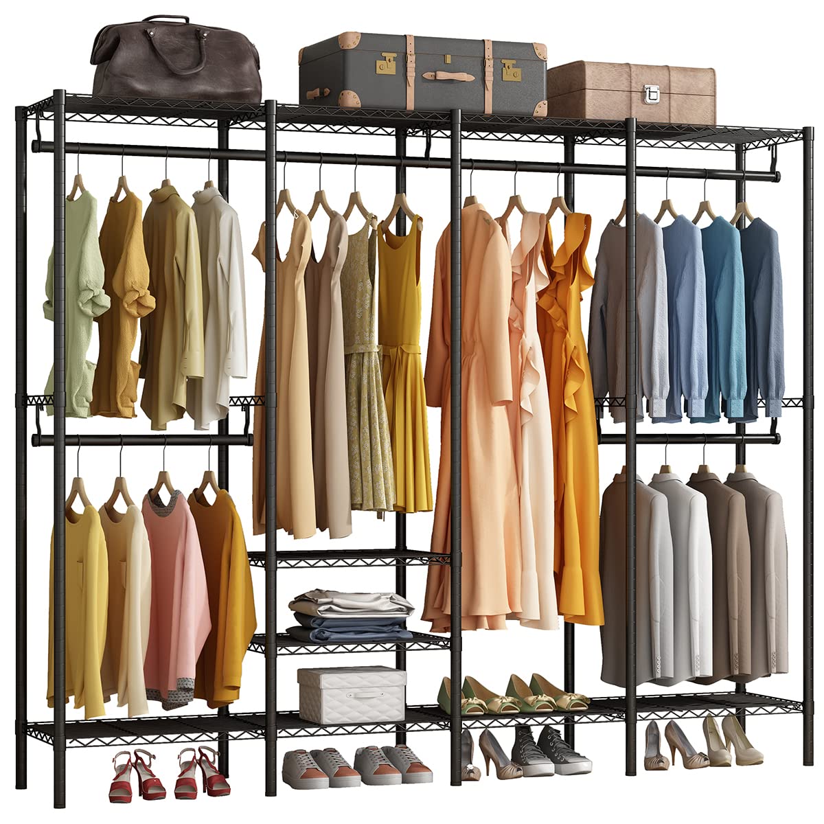 ワードローブ ハンガーラック 棚板付き 大容量 洋服ラック 収納ラック バスケット付き 頑丈 棚板高さ調節 幅155×奥行40×高さ180cm